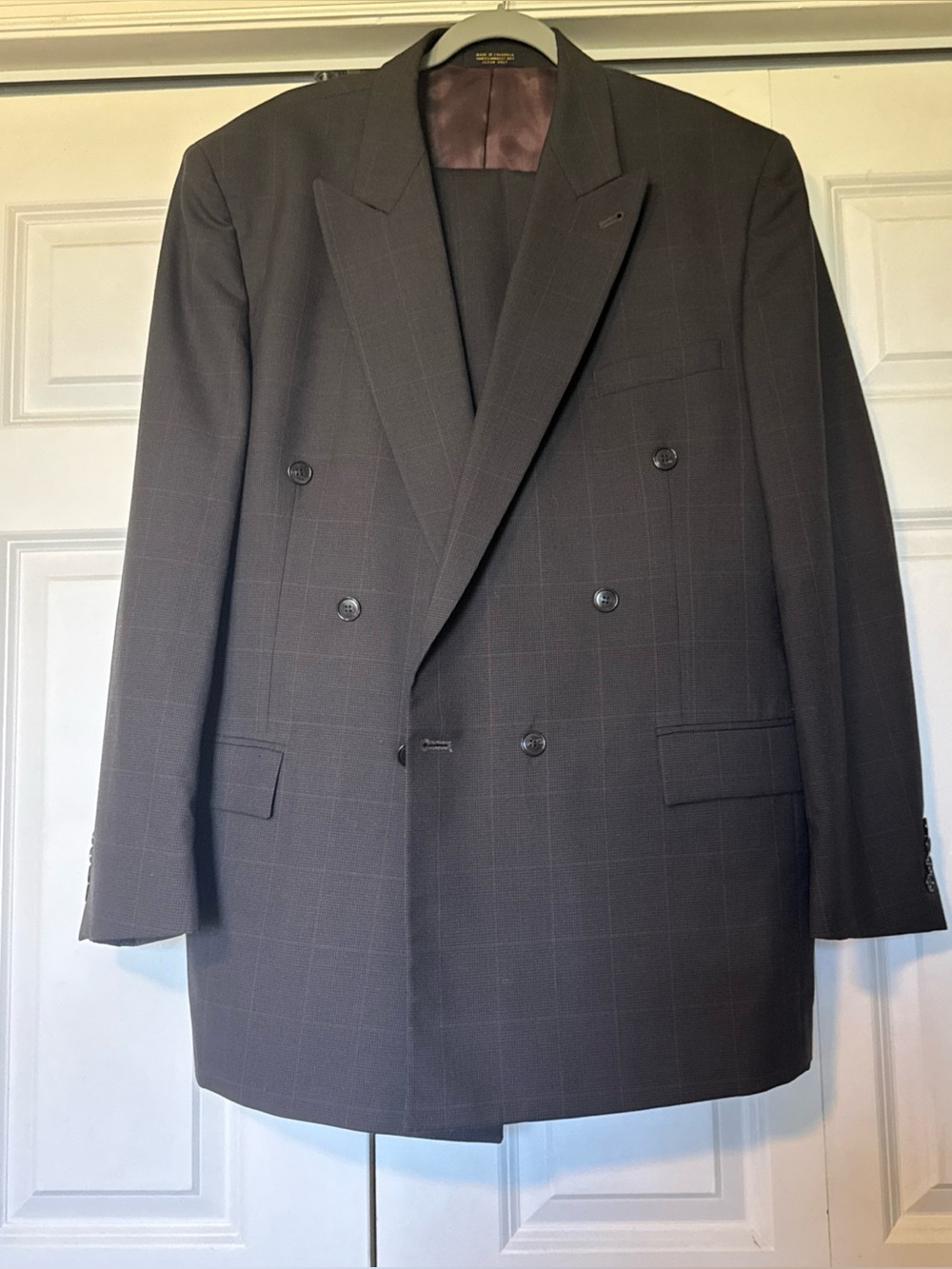 Vtg Gianfranco Ruffini Italy Double Breasted Wool Suit 46L 40x31 Brn Windowpane